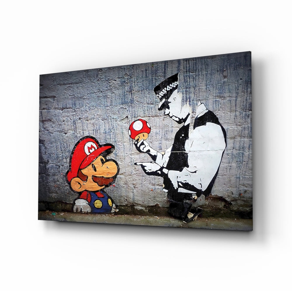 Super Mario glass wall art displayed above a charcoal gaming sofa in a brick-walled lounge with neon arcade sign and reclaimed-wood console