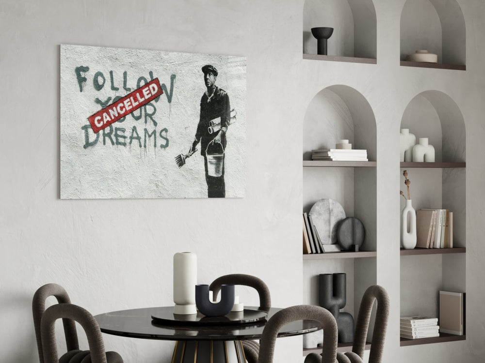 Plans Cancelled panel adding editorial irony to a living room