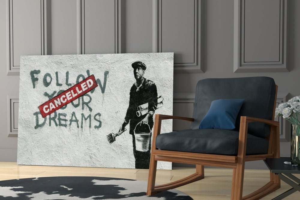 Plans Cancelled glass print enhancing a hallway with cinematic gravity