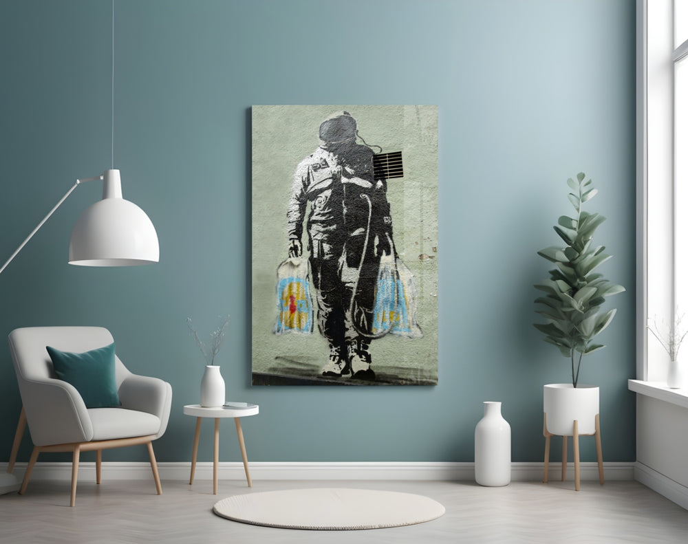 Space Market glass wall art styled above a console in a hallway