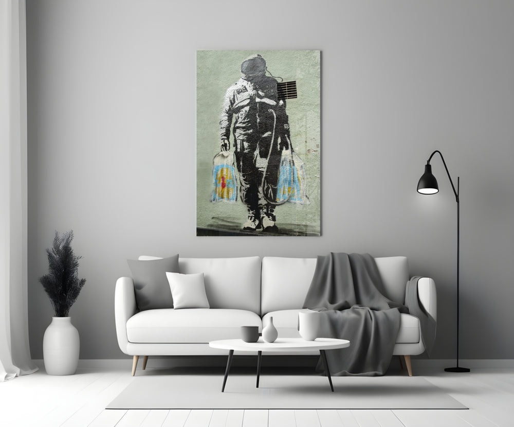 Space Market close-up showing helmeted astronaut walking with two shopping bags