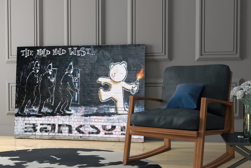 Bear's Resistance glass print enhancing a living room with cinematic gravity