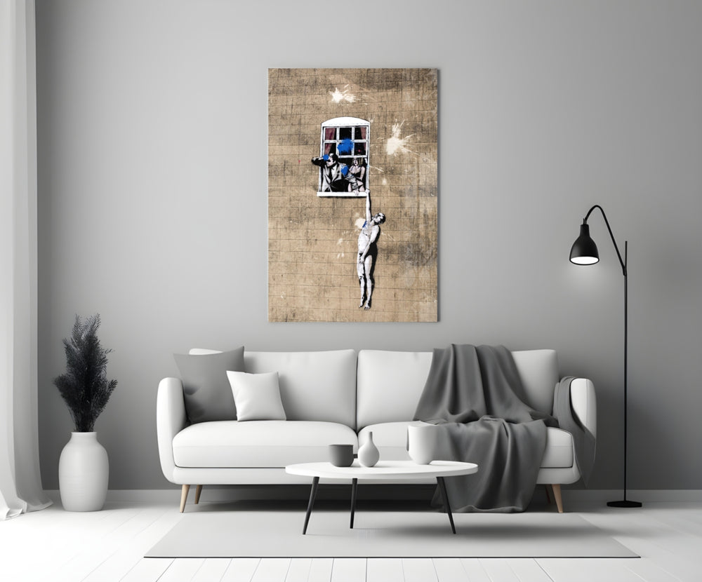 Deception close-up showing naked man dangling beneath window with husband leaning out