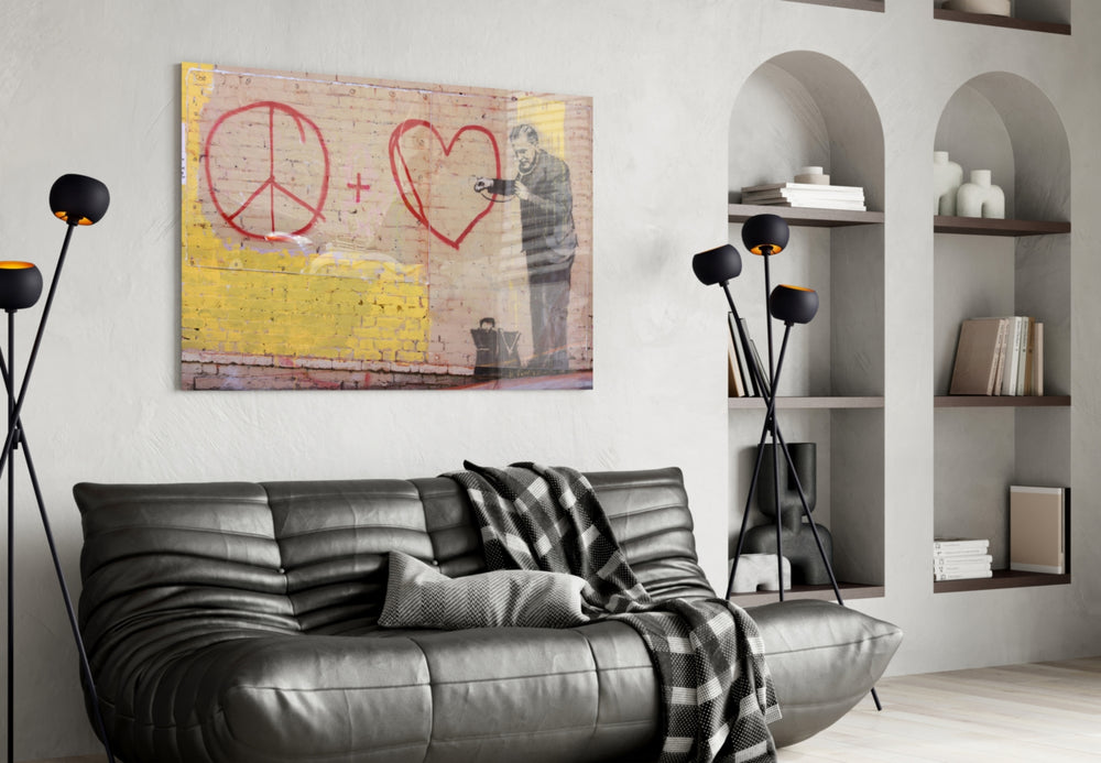 Graffiti Doctor glass wall art styled above a console in a hallway