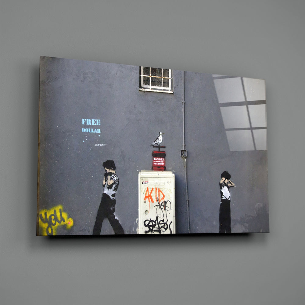 Stencil street-art panel bringing anxious wit to a contemporary office