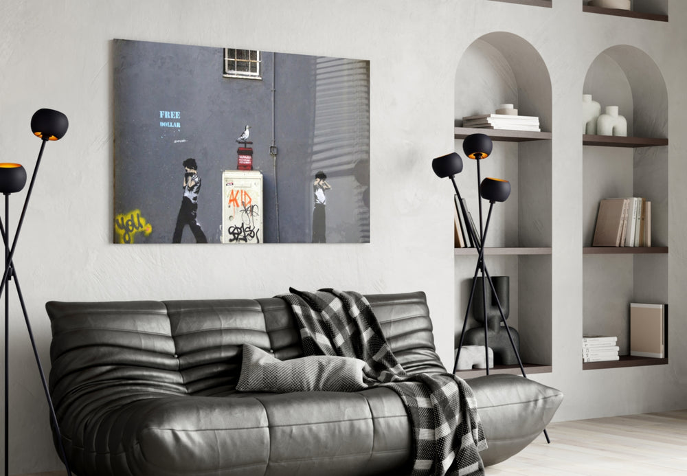 Waiting for Explosion glass wall art styled above a desk in an office