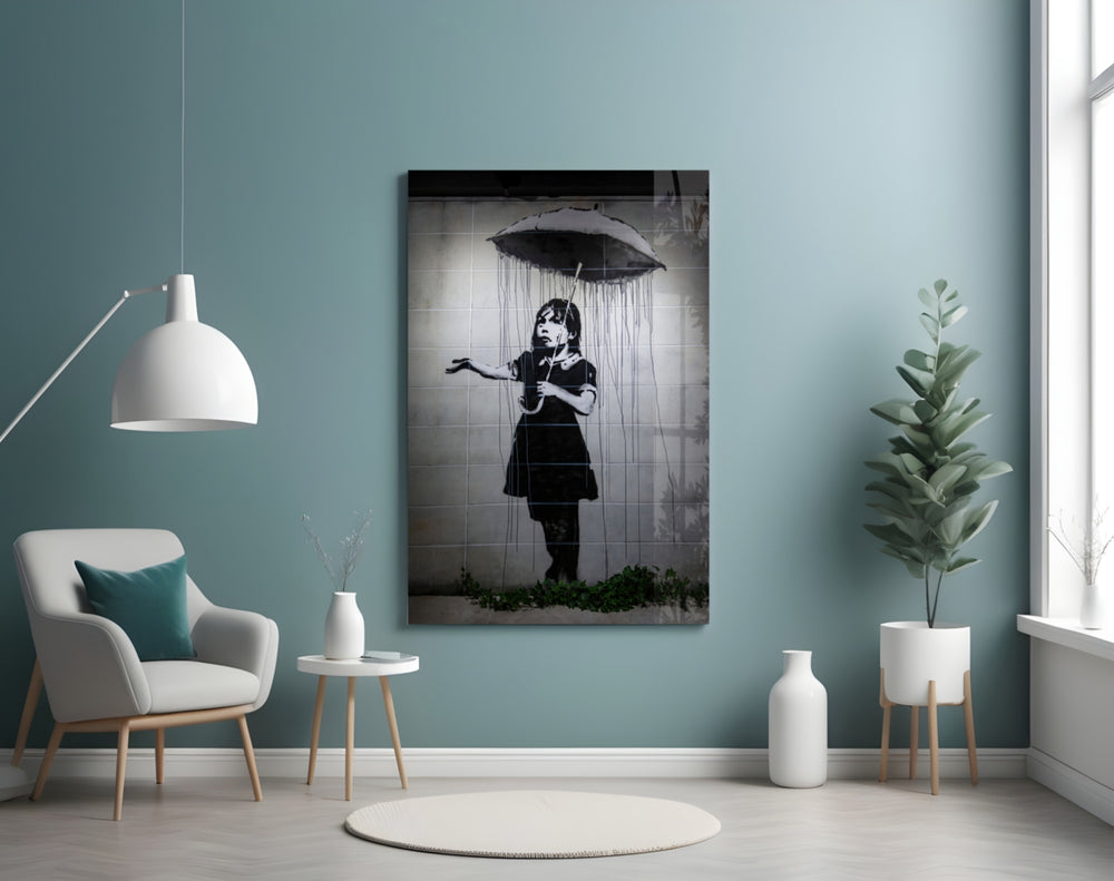 Escape from the Rain glass wall art styled in a hallway
