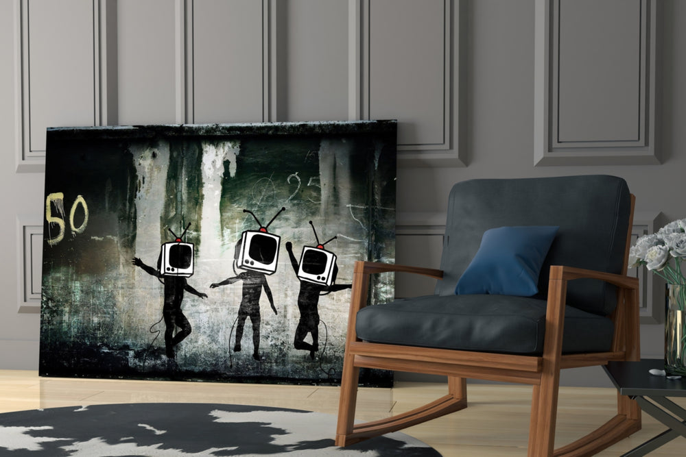 TV Heads glass print enhancing a living room with cinematic gravity