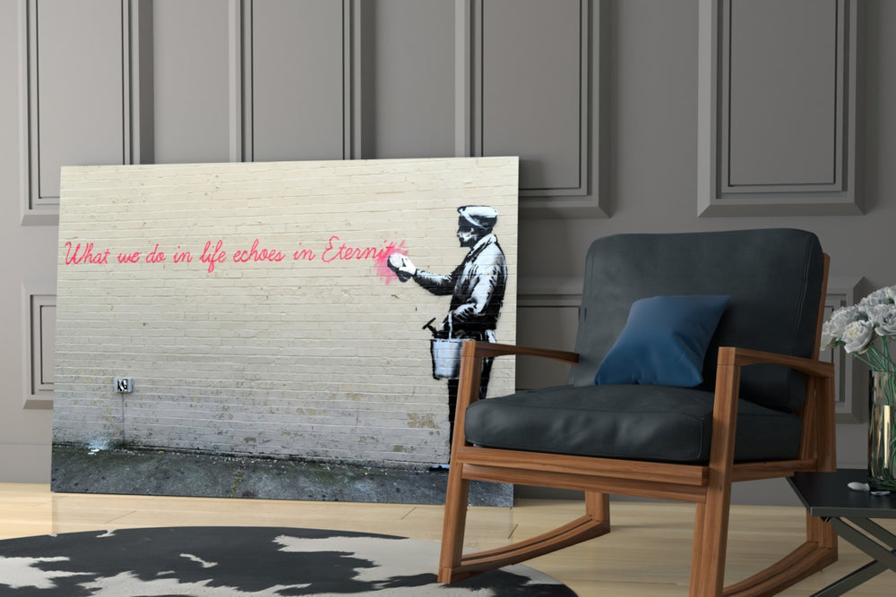 What We Do in Life glass print enhancing a living room with cinematic poise