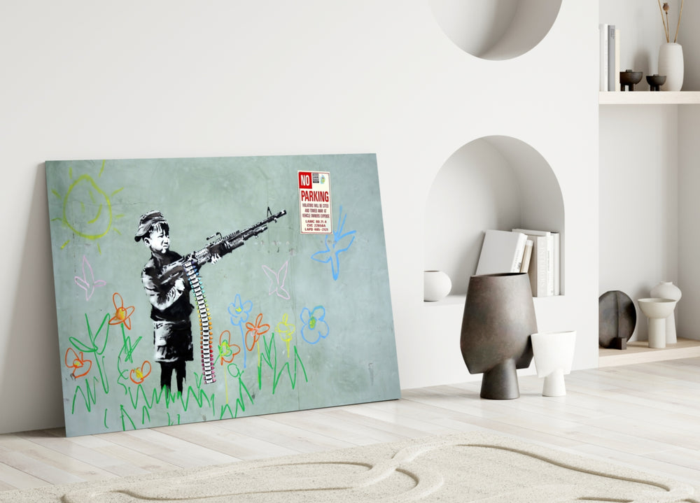 Child and War close-up showing stenciled child soldier among crayon flowers and butterflies