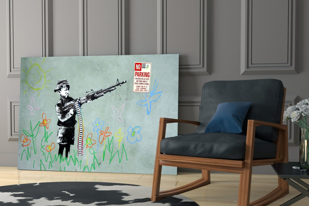 Child and War glass print enhancing a hallway with cinematic mood
