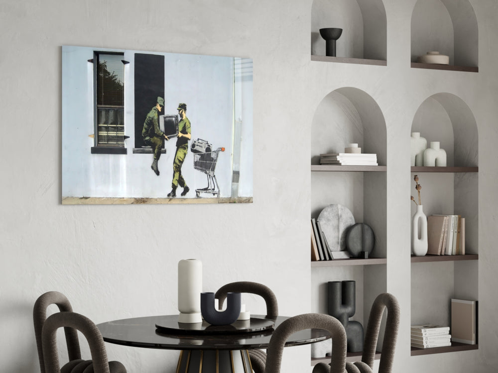 Soldier panel adding editorial gravity to a living room