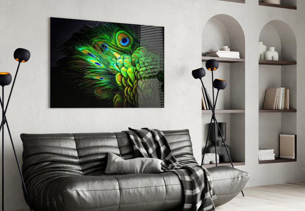 Peacock glass wall art styled above a bed in a bedroom
