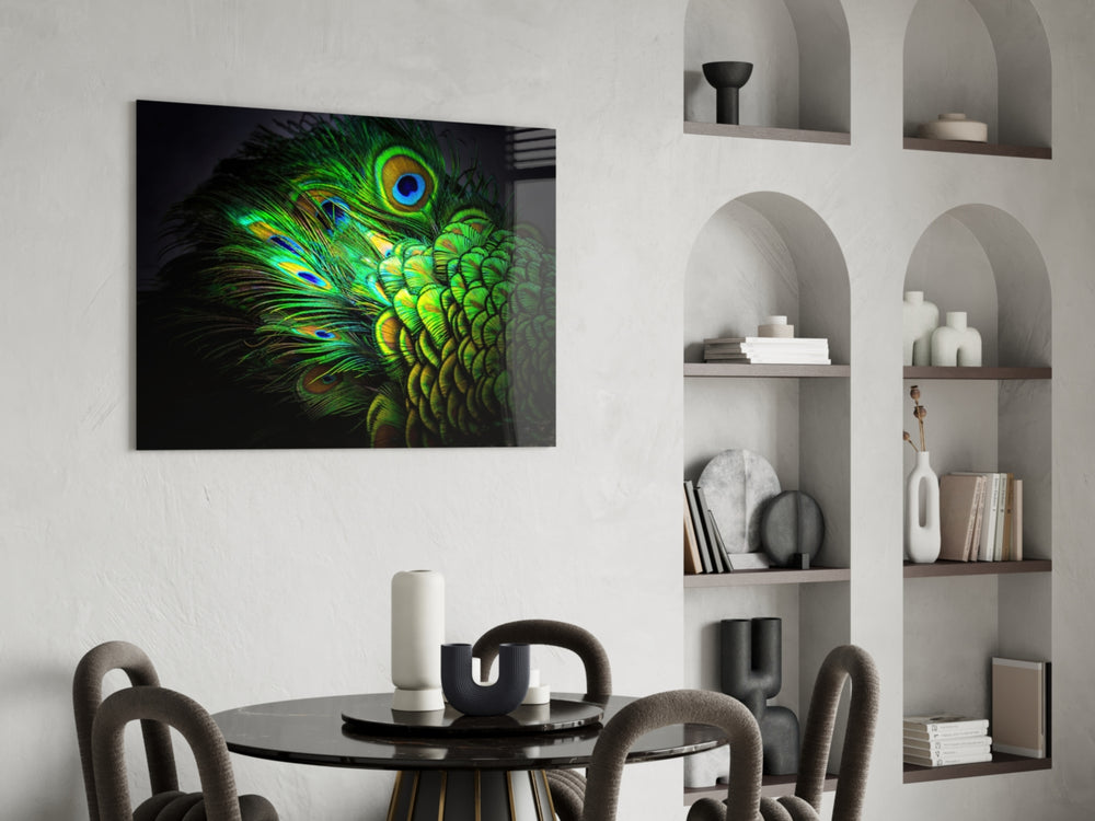Peacock panel adding editorial elegance to a dining room