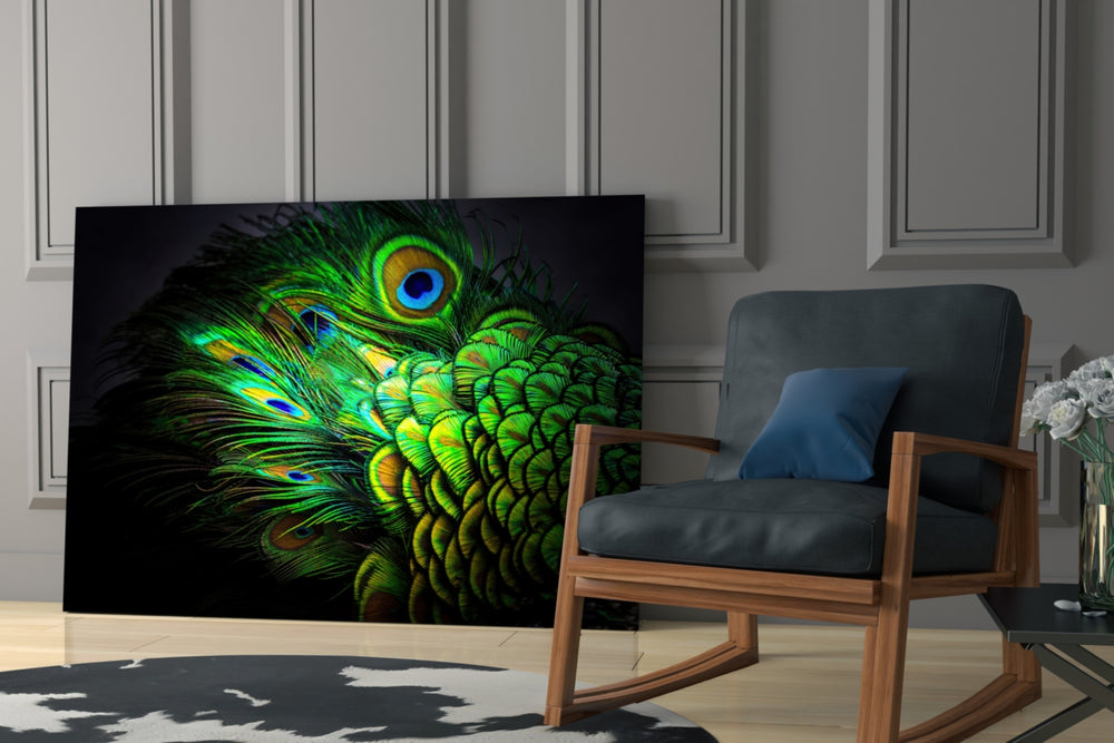 Peacock glass print enhancing a bathroom with cinematic glow