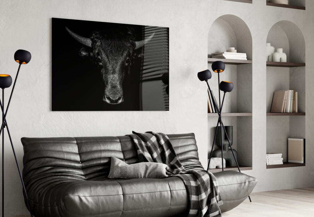 Buffalo glass wall art styled above a leather chair in a man cave