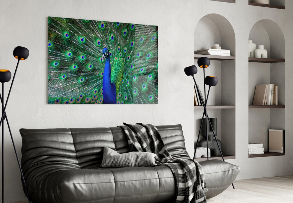 Peacock glass wall art styled above a sideboard in a dining room