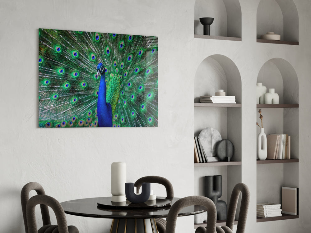 Peacock panel adding editorial elegance to a hallway