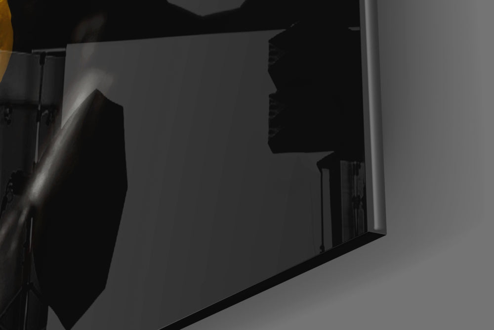 Yellow Paint artwork anchoring a wall with dark glamorous palette