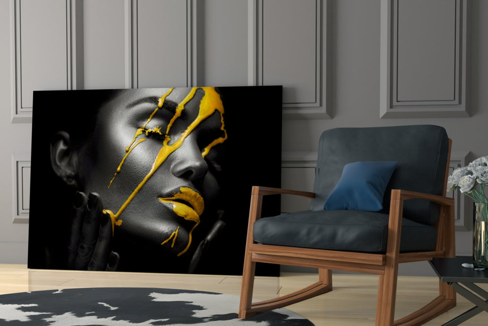 Yellow Paint glass print enhancing a bathroom with cinematic gravity