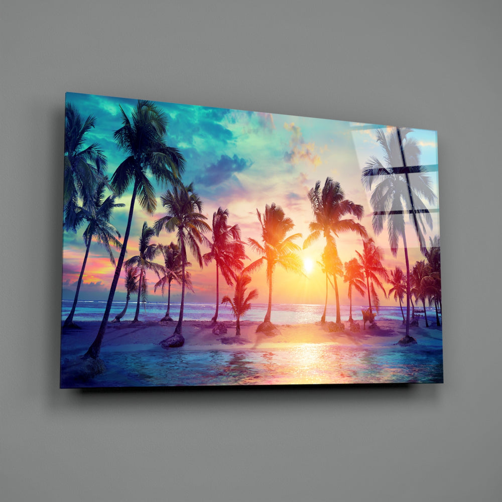 Tropical-sunset panel bringing dreamy warmth to a contemporary bedroom