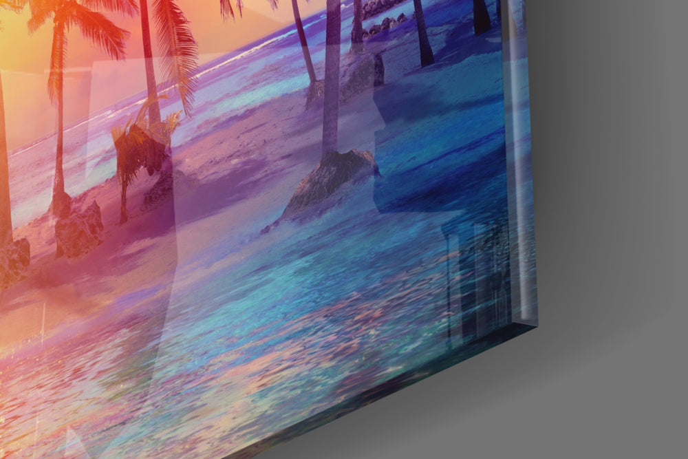 Sunset and Palms artwork anchoring a wall with dreamy tropical palette
