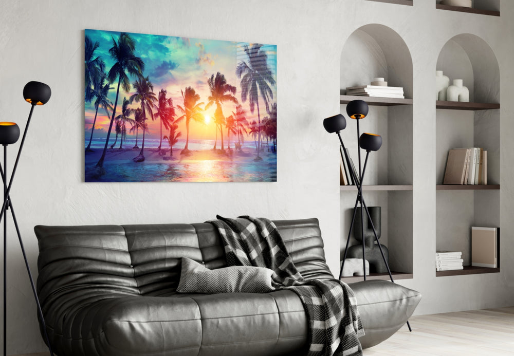 Sunset and Palms glass wall art styled above a bed in a bedroom