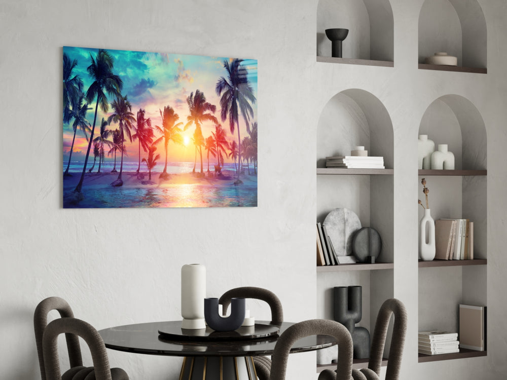 Sunset and Palms panel adding editorial calm to a bathroom