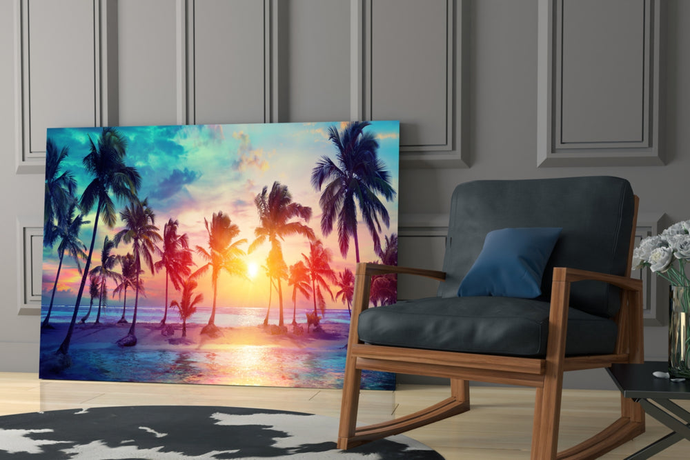 Sunset and Palms glass print enhancing a living room with cinematic warmth