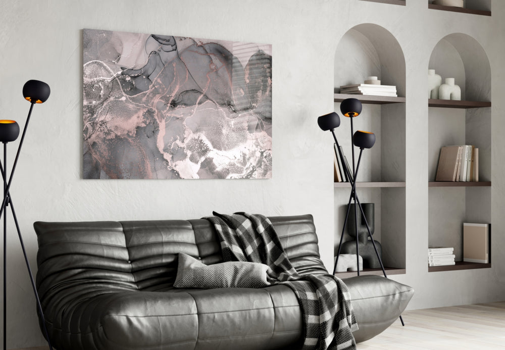 Sweet Pink glass wall art styled above a bed in a bedroom