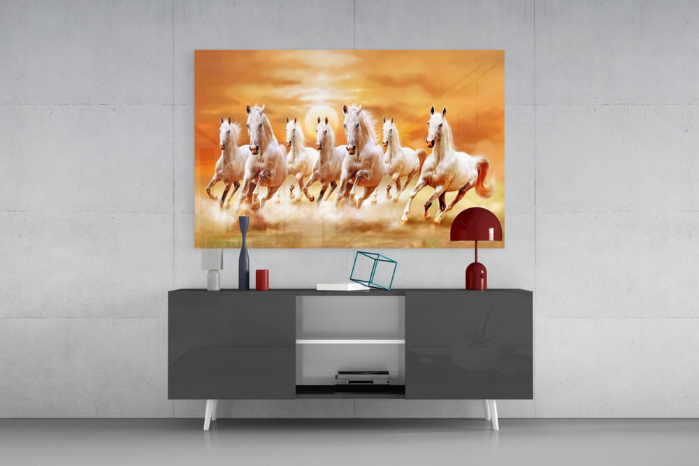Running Horses panel catching window light to reveal its sunset glow