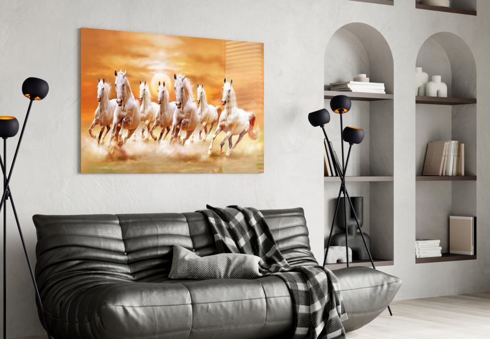 Running Horses glass wall art styled above a sideboard in a dining room