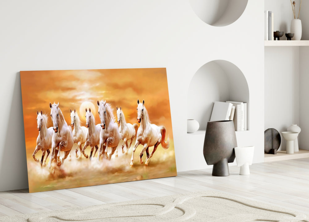 Running Horses close-up showing seven white horses charging at amber sunset