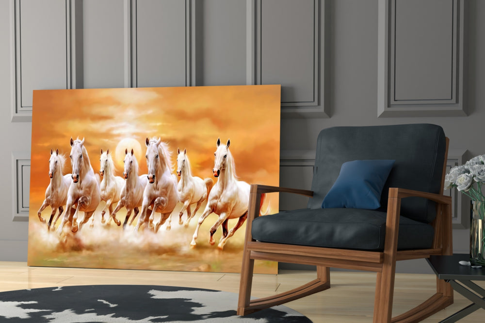Running Horses glass print enhancing a hallway with cinematic warmth