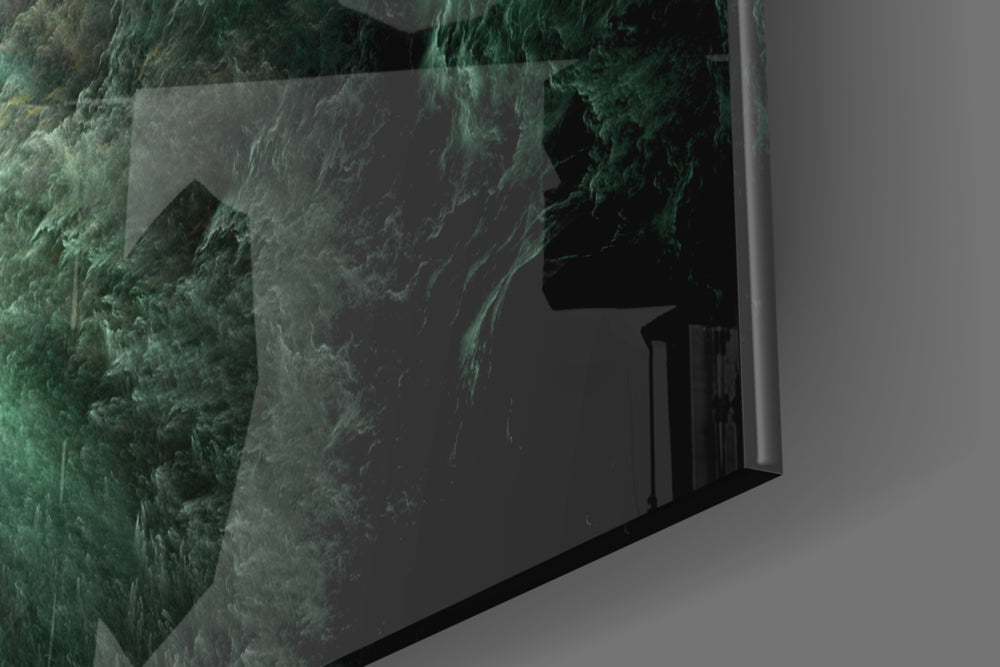 Green Space artwork anchoring a wall with moody otherworldly palette