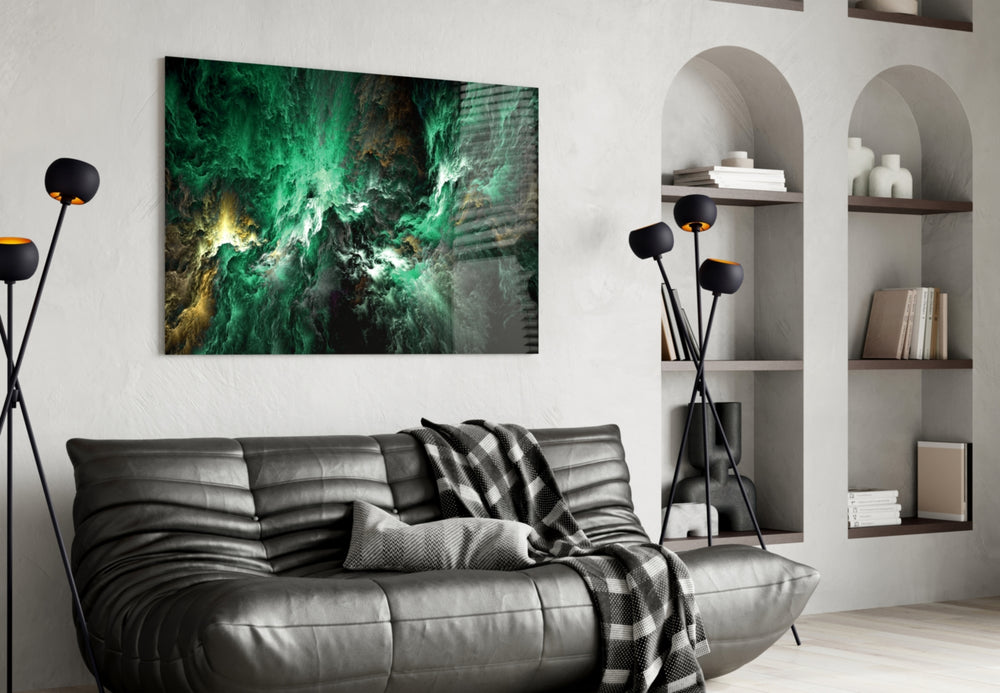 Green Space glass wall art styled above a sofa in a gaming room