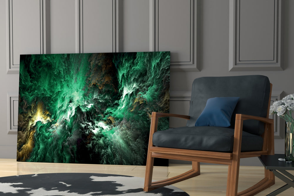 Green Space glass print enhancing a living room with cinematic mood