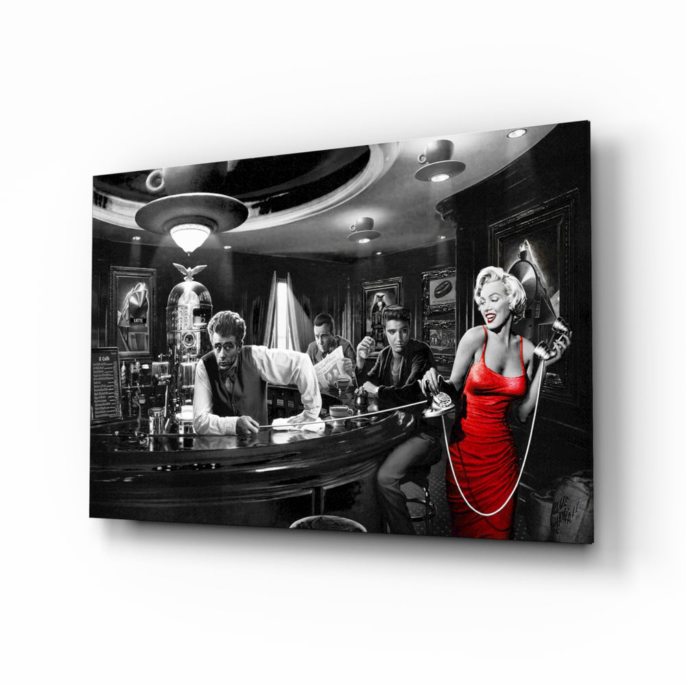 Marilyn Monroe glass wall art displayed above a tufted leather sofa in a brick-walled man cave with vinyl shelf and brass picture light