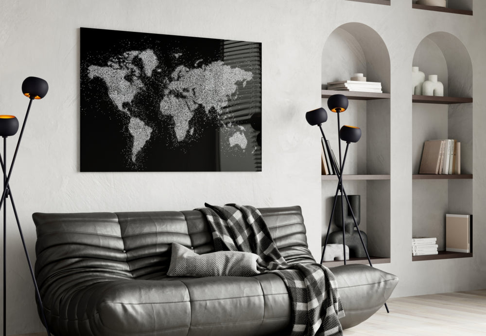 World Map glass wall art styled above a desk in an office