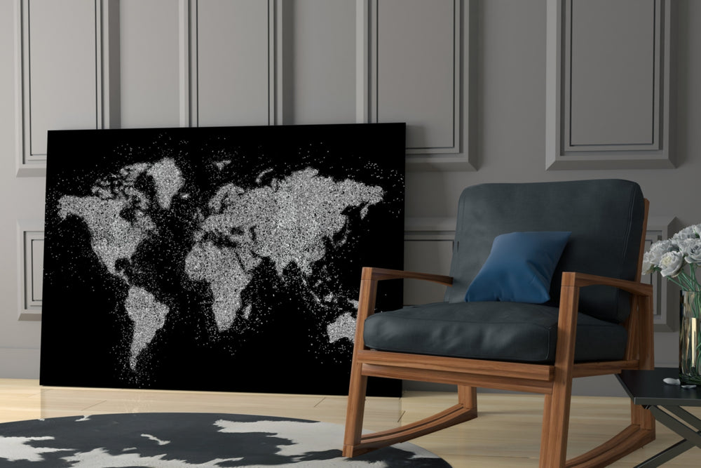 World Map glass print enhancing a hallway with cinematic mood