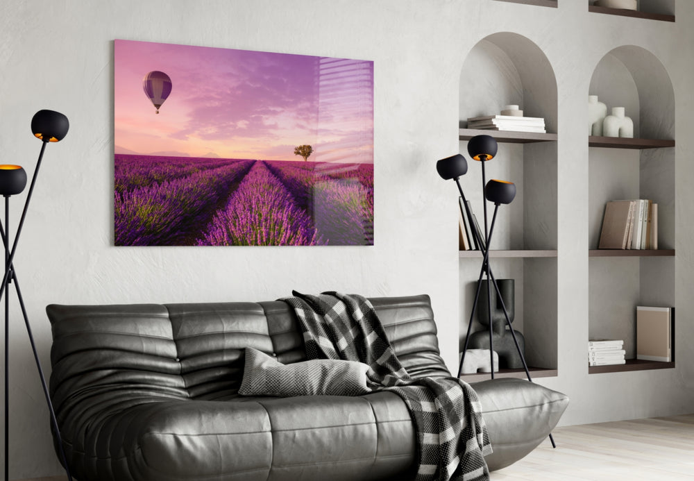 Lavender and Balloon glass wall art styled above a bed in a bedroom
