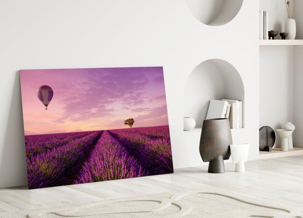 Lavender and Balloon close-up showing violet rows leading to lone tree under pink sky