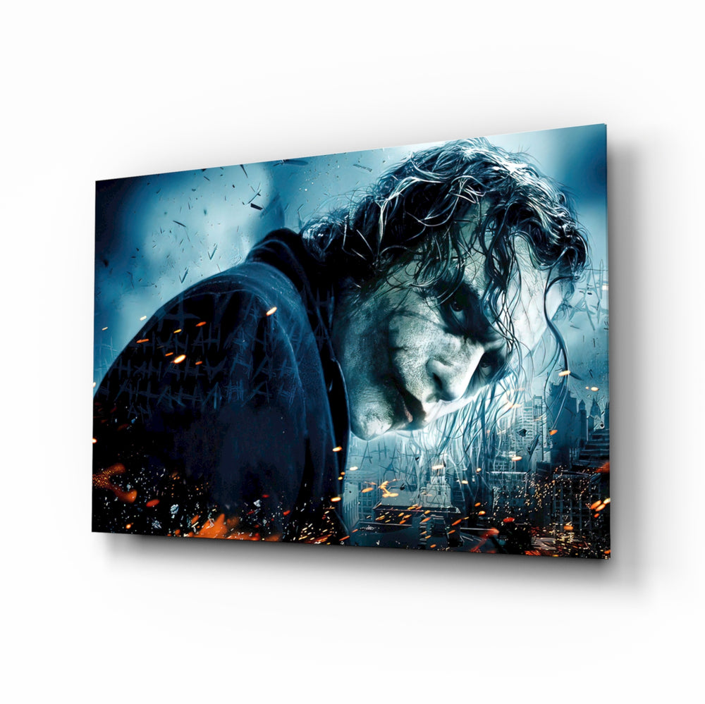 Joker glass wall art displayed above a leather chesterfield in a brick-walled man cave with vinyl shelves and brass picture light