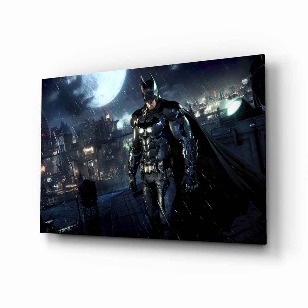 Batman glass wall art displayed above a leather chesterfield in a brick-walled home theater with reclaimed-wood console and projector screen