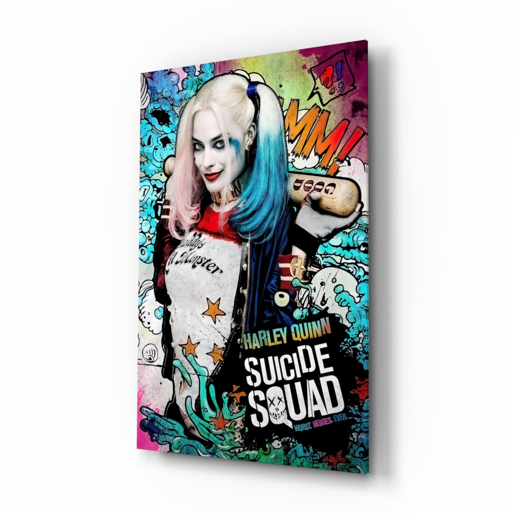 Harley Quinn glass wall art displayed beside a black gaming sofa in a brick-walled lounge with neon arcade sign and reclaimed-wood console