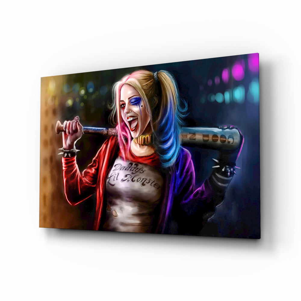 Harley Quinn glass wall art displayed above a black gaming sofa in a brick-walled lounge with neon arcade sign and matte-black coffee table