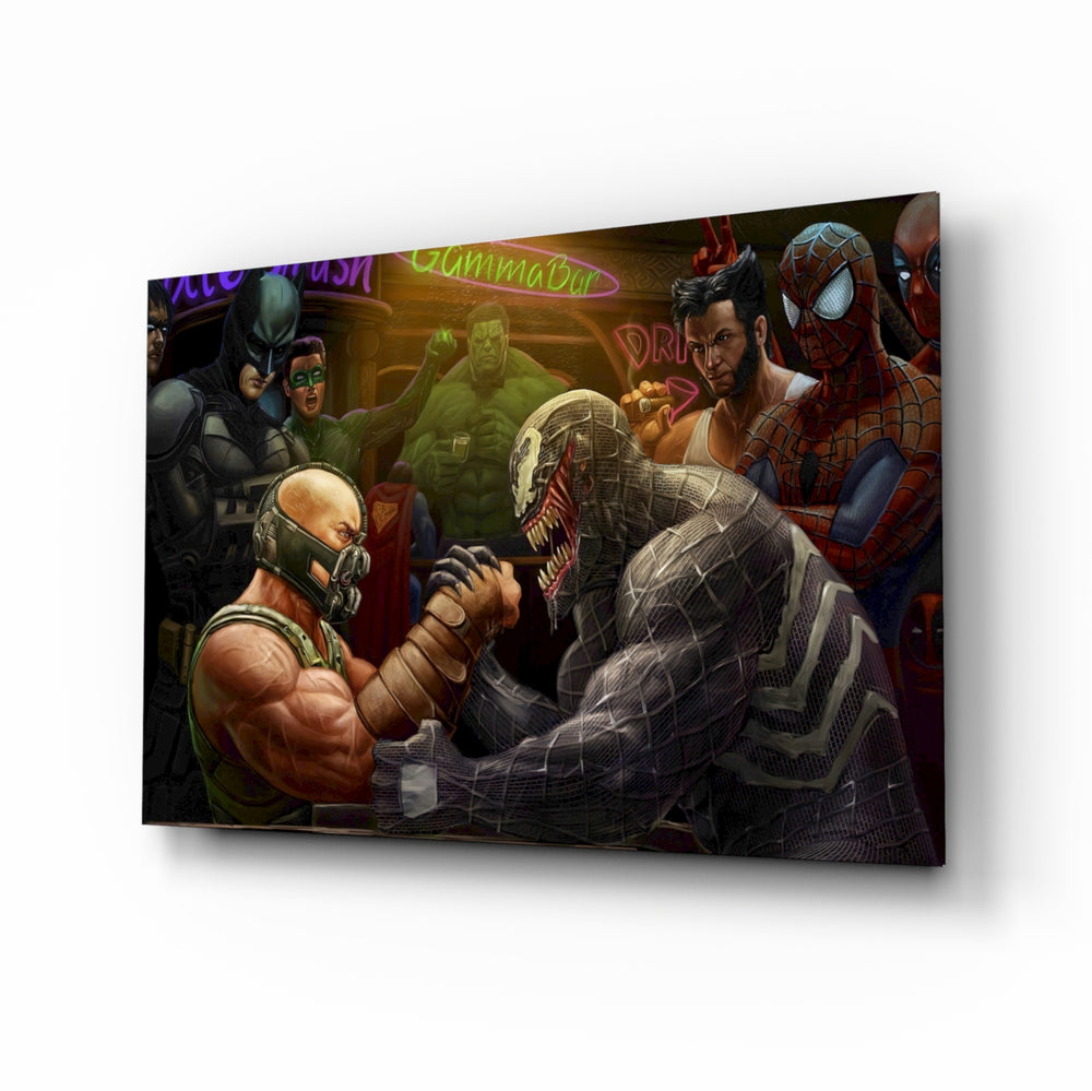 Venom vs Bane glass wall art displayed above a leather chesterfield in a brick-walled bar lounge with reclaimed-wood console and matte-black floor lamp
