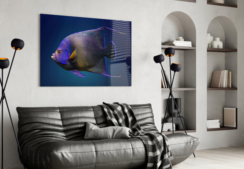 Queen Angelfish glass wall art styled above a bed in a bedroom