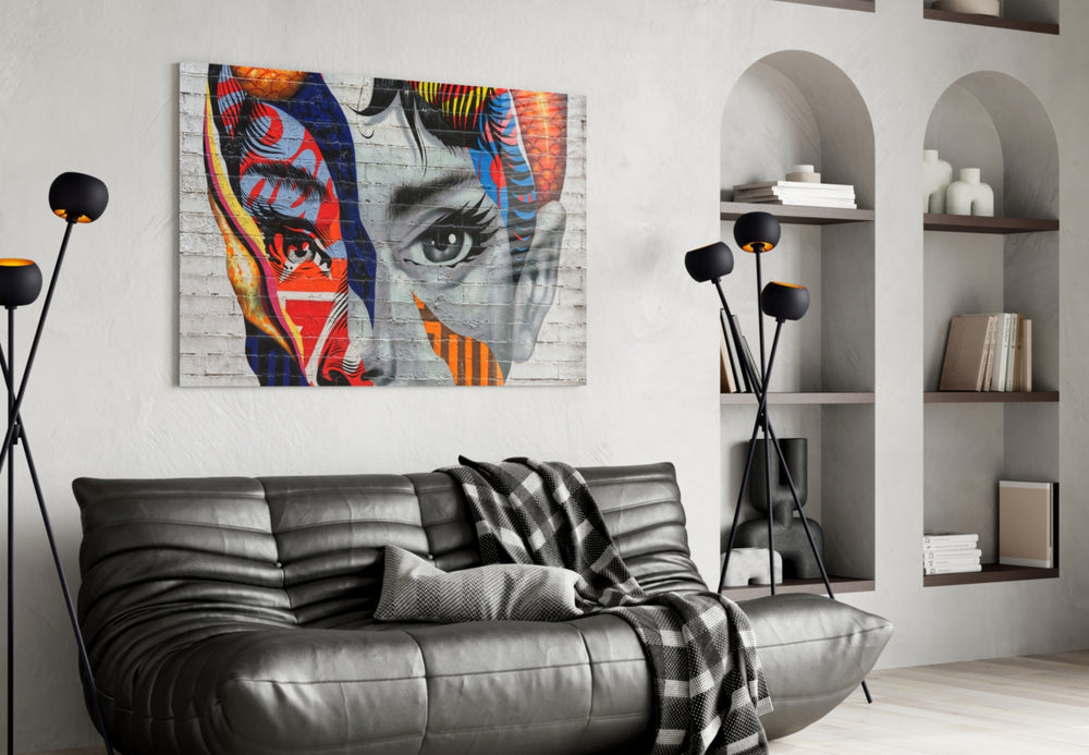 Hepburnish glass wall art styled above a console in a hallway
