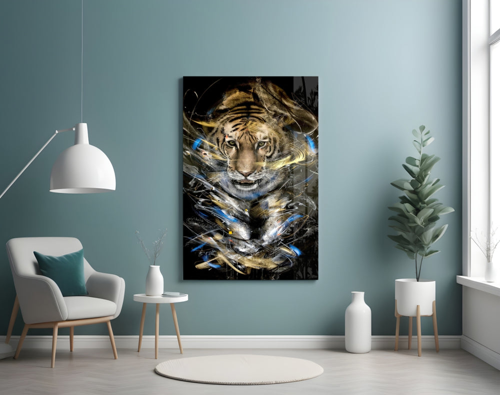 Tiger glass wall art styled above a desk in an office